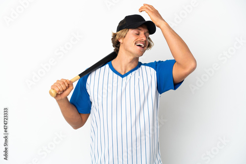Young blonde man playing baseball isolated on white background has realized something and intending the solution