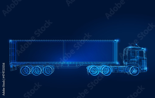 Polygonal 3d truck on dark blue background. Online cargo delivery service, logistics or tracking app concept. Abstract vector illustration of online freight delivery service