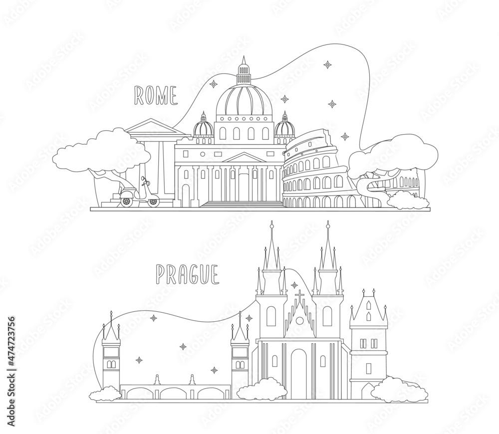 Set of vector illustration, Rome, Prague, landmark, sketch