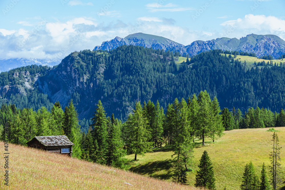 The meadows, pastures and mountain pastures of Alta Val Badia, near the village of La Villa, in the Italian Dolomites - August 2021.
