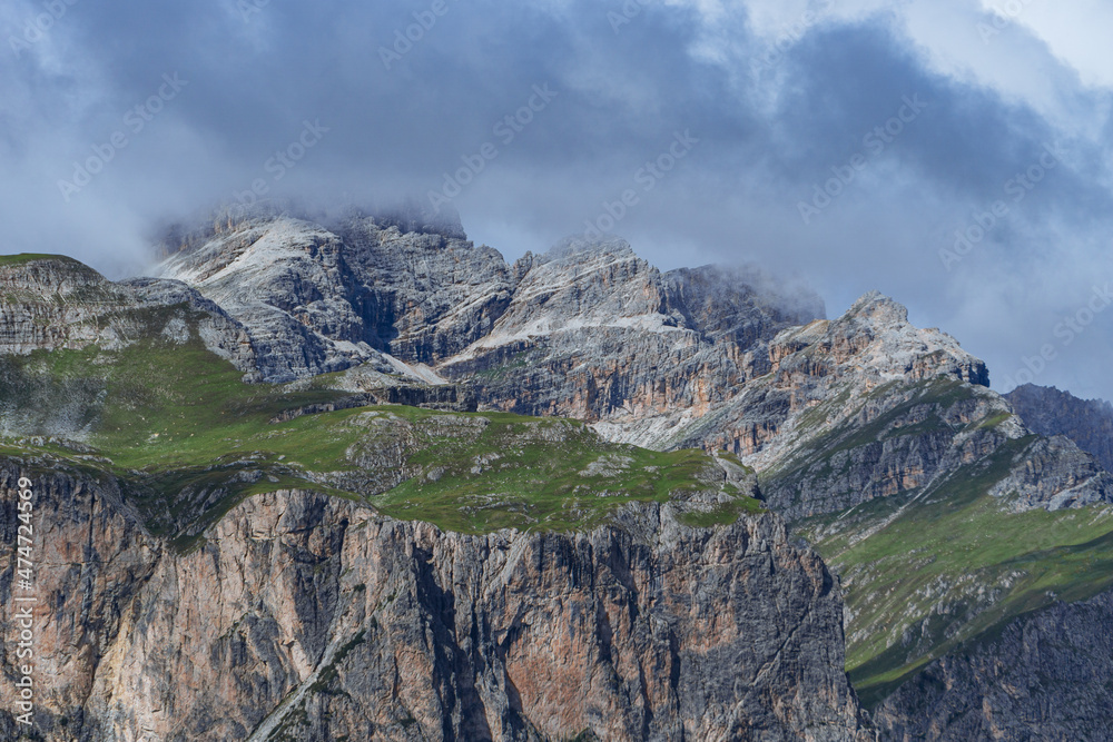 The mountains of the Alta Badia Valley, inside the Puez-Odle Natural Park, Unesco World Heritage Site, near the town of La villa, Italy - August 2021 The mountains of the Alta Badia Valley, inside the Puez-Odle Natural Park, Unesco World Heritage Site, near the town of La villa, Italy - August 2021