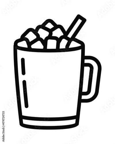 Winter drinks flat line icon. Tea, cocoa with marshmallows, winter warming drinks and hot cappuccino and latte cups. Outline sign for mobile concept and web design, store