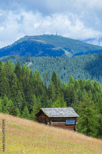 The meadows, pastures and mountain pastures of Alta Val Badia, near the village of La Villa, in the Italian Dolomites - August 2021.