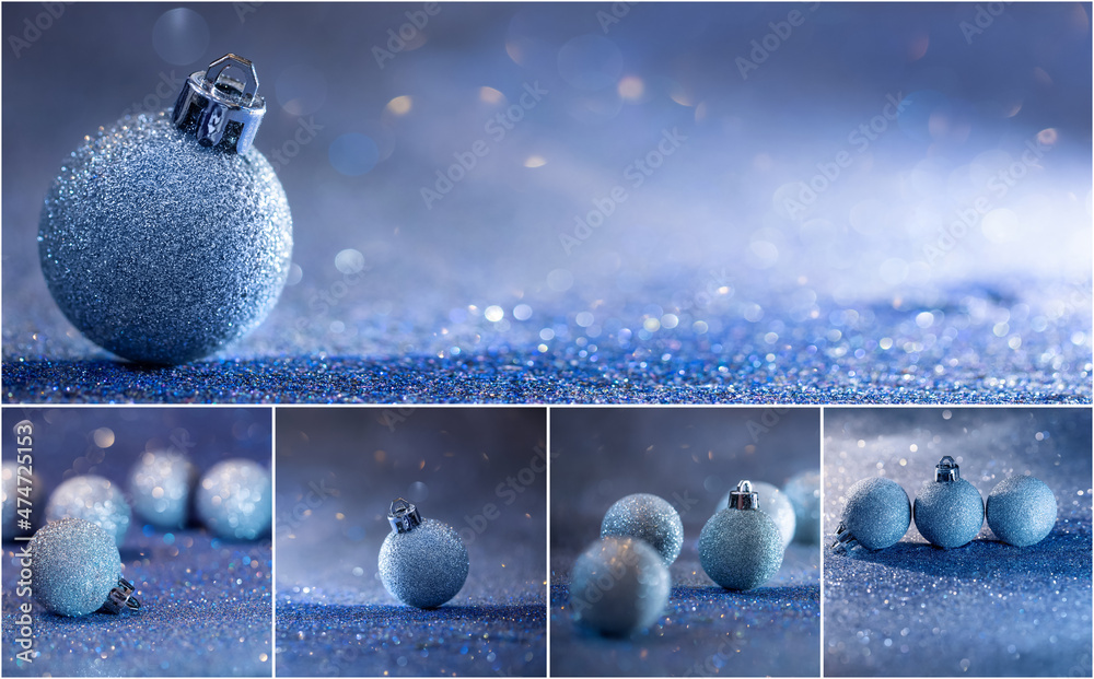 tło świąteczne, bombki brokatowe niebieskie, kolaż bombki i brokatowy bokeh  Stock Photo | Adobe Stock