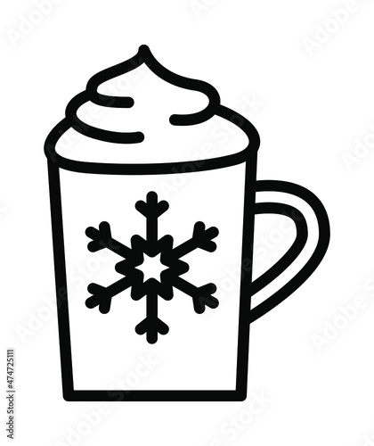 Winter drinks flat line icon. Tea, cocoa with marshmallows, winter warming drinks and hot cappuccino and latte cups. Outline sign for mobile concept and web design, store