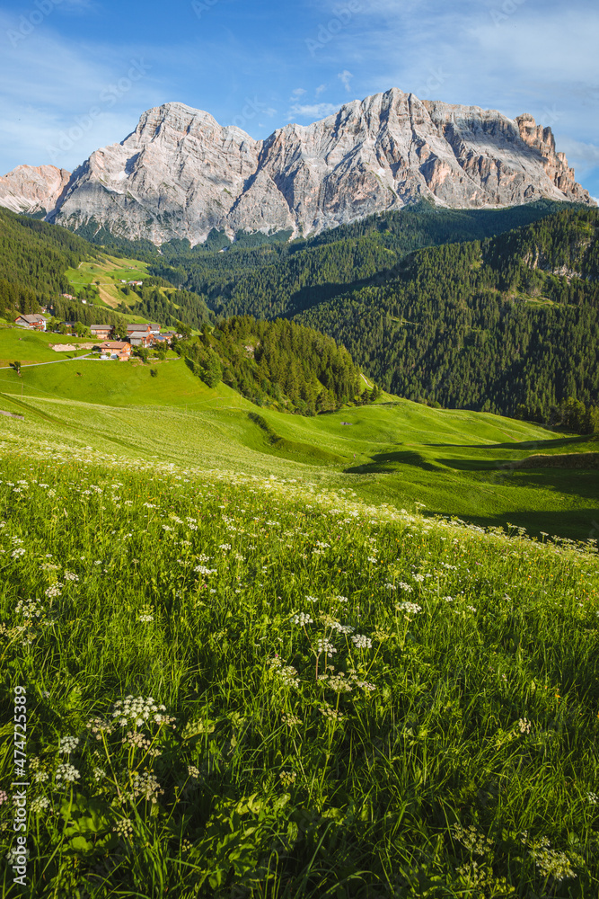 The Dolomites of Val Badia in the late afternoon of a summer day near the village of 