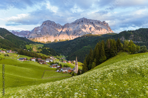 The Dolomites of Val Badia in the late afternoon of a summer day near the village of  La val   Italy - August 2021