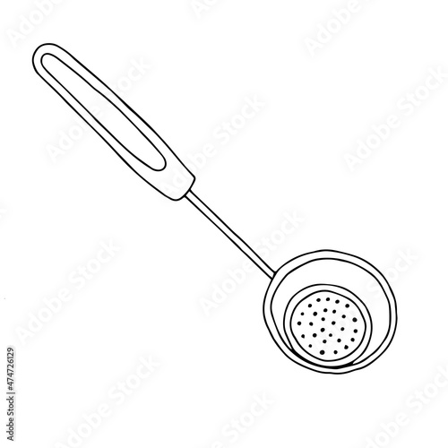 Hand drawn black vector illustration of a metal skimmer isolated on a white background