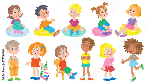 A group of funny little children are standing  sitting and talking to each other. In cartoon style. Isolated on white background. Vector illustration.