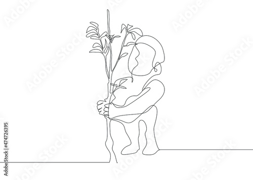 little boy helping plant a sapling drawing concept.