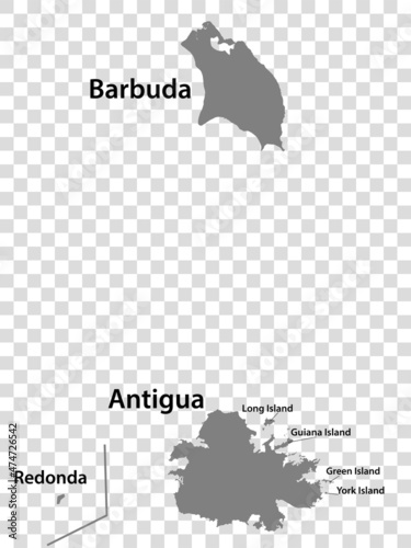 Blank map Antigua and Barbuda in gray. Every Island map is with titles. High quality map of Antigua and Barbuda on transparent background for your design. Caribbean. EPS10.