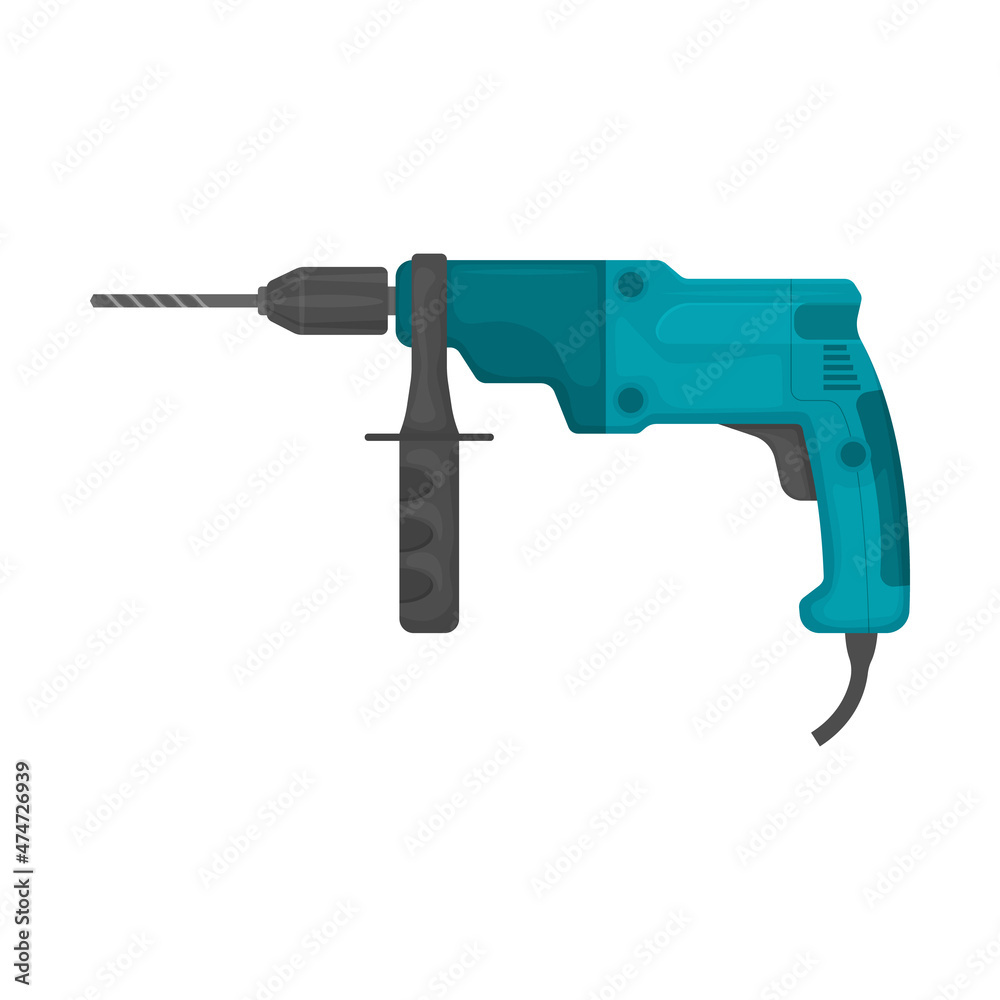 Drill. The electric drill is green. Manual power tool for drilling holes.Vector illustration isolated on a white background Drill. The electric drill is green. Manual power tool for drilling holes.Vector illustration isolated on a white background