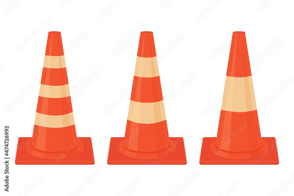 A set of three orange traffic cones. Traffic cones for road marking and to ensure the safety of workers. Vector illustration isolated on a white background A set of three orange traffic cones. Traffic cones for road marking and to ensure the safety of workers. Vector illustration isolated on a white background