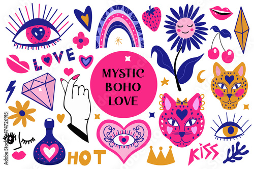 Mystic boho love modern abstract trend style stickers icons, patches badges with hearts and eyes. Valentine's day, romance concept for cards, posters. Vecto illustration, clip art