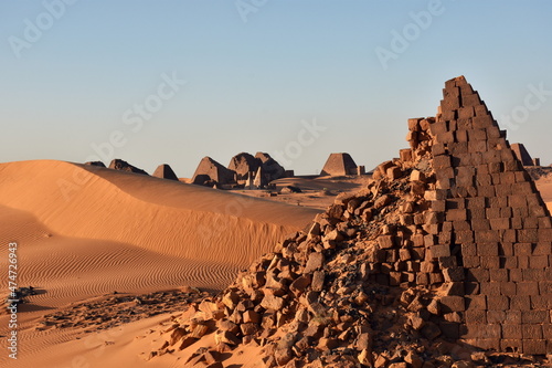 Pyramid ruins of Meroe in Sudan in beautiful evening light. 