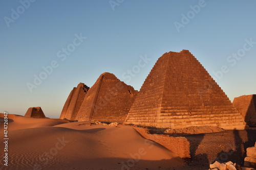 Pyramids of Meroe in Sudan in beautiful evening light. 