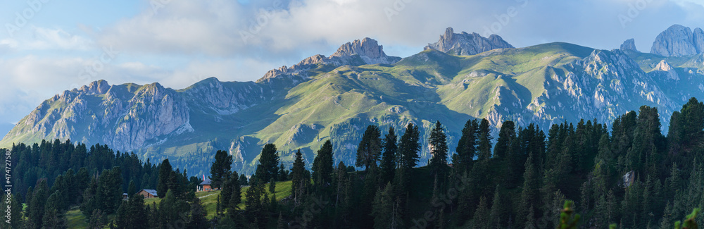 The mountains of Funes valley, during a classic summer day, near the village of Funes, Italian Dolomites - August 2021.
