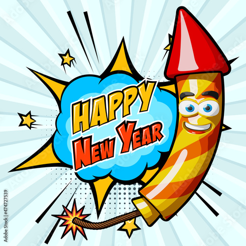 Fireworks rocket in cartoon comic style with lit fuse and explosion with Happy New Year text. Simple vector illustration on abstract radiant background