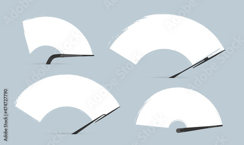 Set of Check wiper wipers cleans the windshield. Vector car windscreen wipe glass. Clean window, brush wiper blades. Arm blade in car removes streaks water drop. Isolated on grey background.