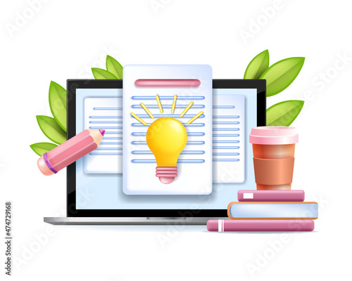 3D business content vector illustration, storytelling creative writing concept, digital document, bulb. Social media marketing, online education courses, laptop screen, books. 3D content creation