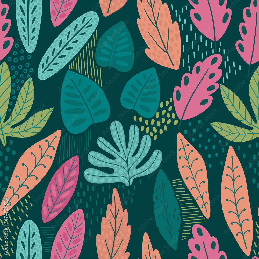 Abstract seamless pattern with tropical leaves. Exotic leaves hand drawn seamless pattern. Botanical trendy design. For textiles, clothing, bed linen, office supplies.