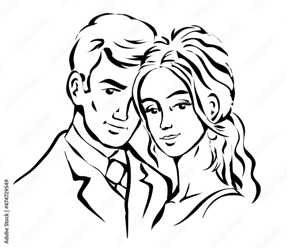 Portrait of the bride and groom. Beautiful newlywed couple. Template for decorating wedding cards and invitations. Vector black and white illustration outline. Hand drawn sketch