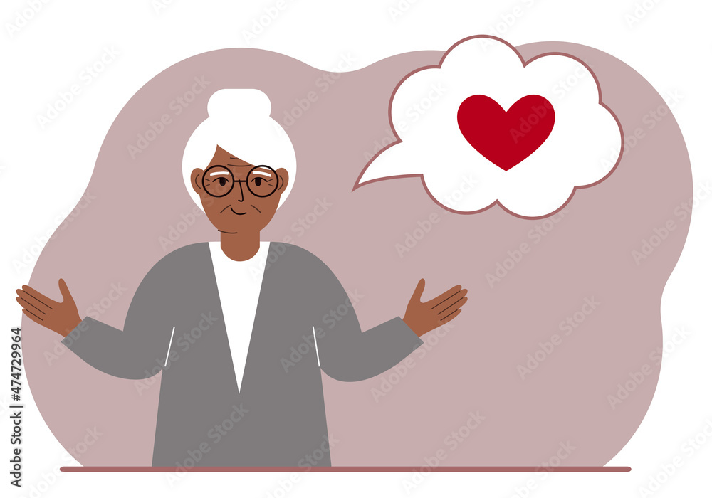 Happy grandmother thinks about love. In the balloon of thought is a red heart. Vector Happy grandmother thinks about love. In the balloon of thought is a red heart. Vector
