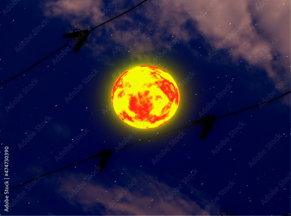 Naklejka premium moon and stars. reddish yellow moon. 3d illustration of night atmosphere with clear sky 