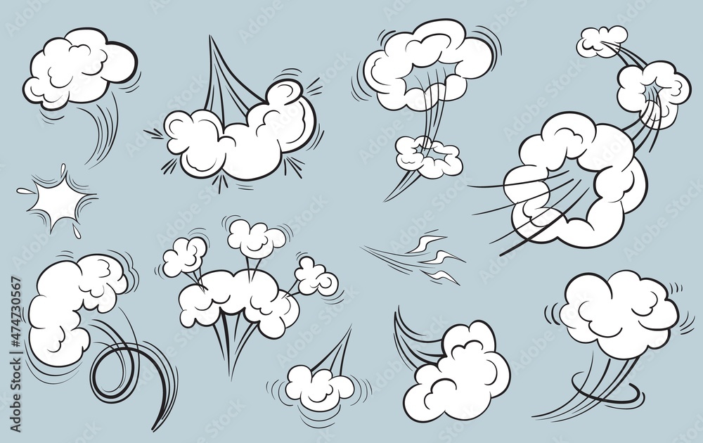 Speed cloud motion effect. Cartoon comic line clouds, moving smoke puff,  funny fart, air jump blow wind dust, boom bubble explosion, spiral fog  energy, windy shape neat vector Stock Vector | Adobe