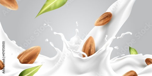 Splash milk almond. Milkshake with nuts and seeds, realistic almonds, protein drink, healthy breakfast, vegan beverage, calcium nutrition, 3d vector commercial brand tidy template