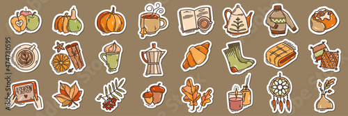 Set of color hand-drawn autumn mood vector illustrations in doodle style. Cozy cute cartoon collection isolated on white background for seasonal decoration.