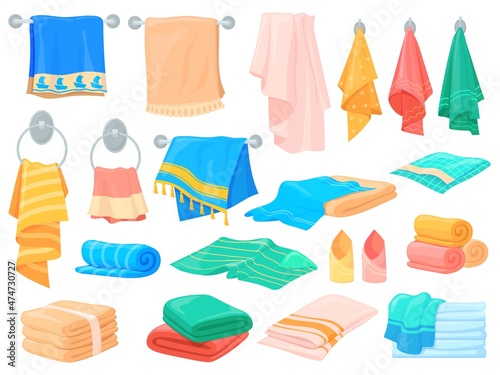 Cartoon bath towels. Cartoon fabric cloth for hand kitchen towel  blanket beach hotel spa laundry  shower textile washcloth hanging in bathroom  rolls folded stack  neat vector