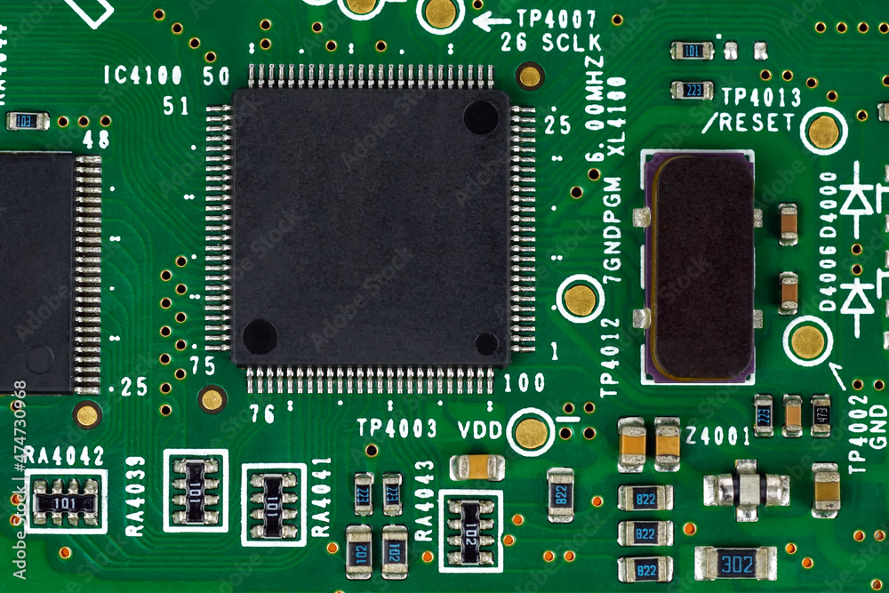 Printed Circuit Board with integrated circuit (ic) mounted part on board for background technology concept. Electronic circuit board. Printed Circuit Board with integrated circuit (ic) mounted part on board for background technology concept. Electronic circuit board.