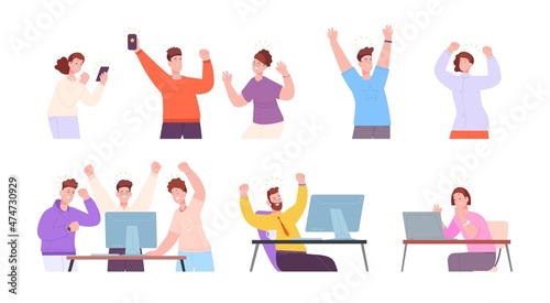 People rejoice luck. Winners celebrate success win victory, achievement message on smartphone display, employee champion celebrating triumph, cartoon splendid vector illustration
