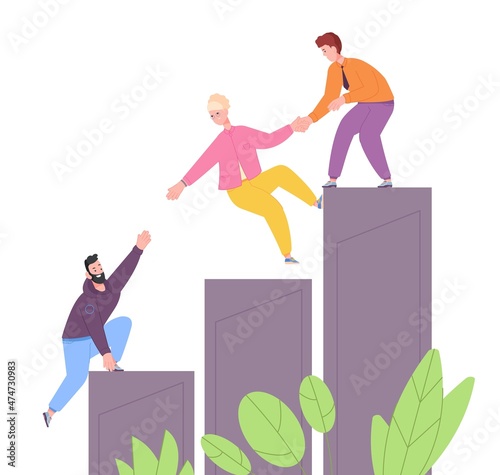Helping growing together. Support team employees, growth stair business work concept, community staff, success teamwork, climbing social ladder flat cartoon splendid vector