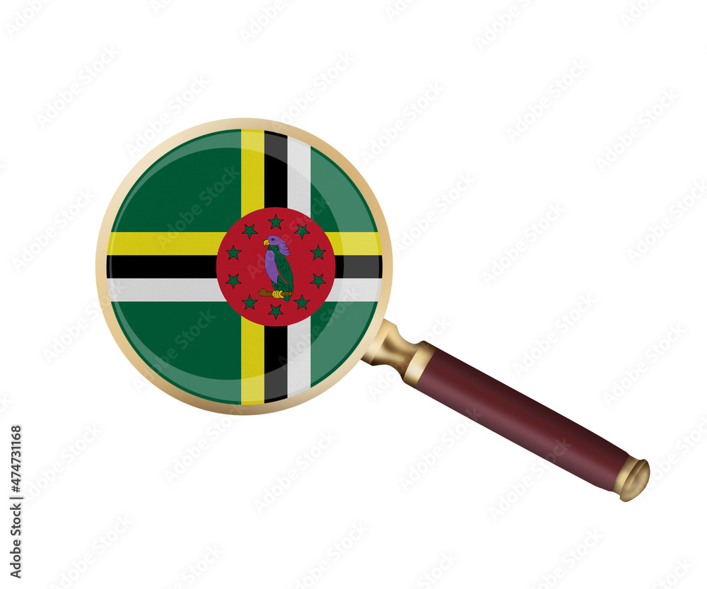 World countries. Dominica flag in magnifier's lens. Universal clip art on a white background