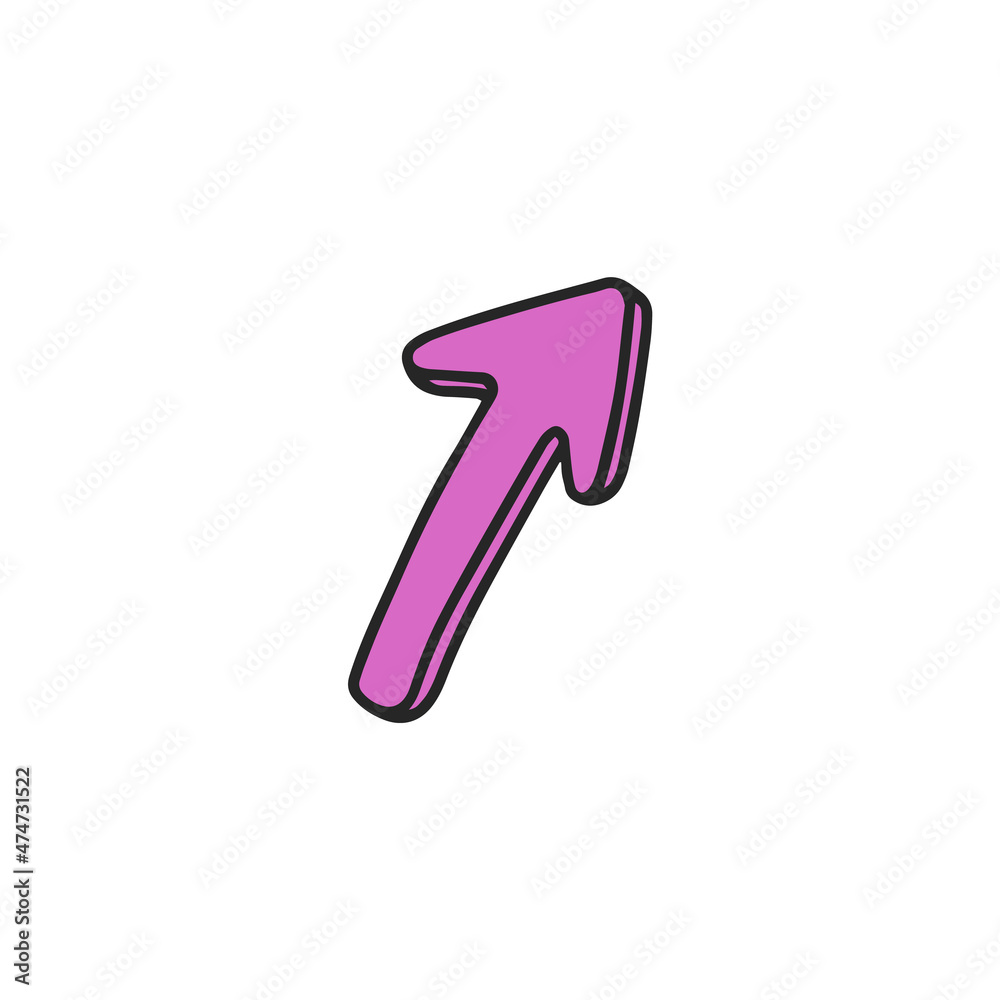 Purple Arrow pointer vector icon. Cartoon volume arrow with black stroke pointing to the right, sketch element. Purple Arrow pointer vector icon. Cartoon volume arrow with black stroke pointing to the right, sketch element.