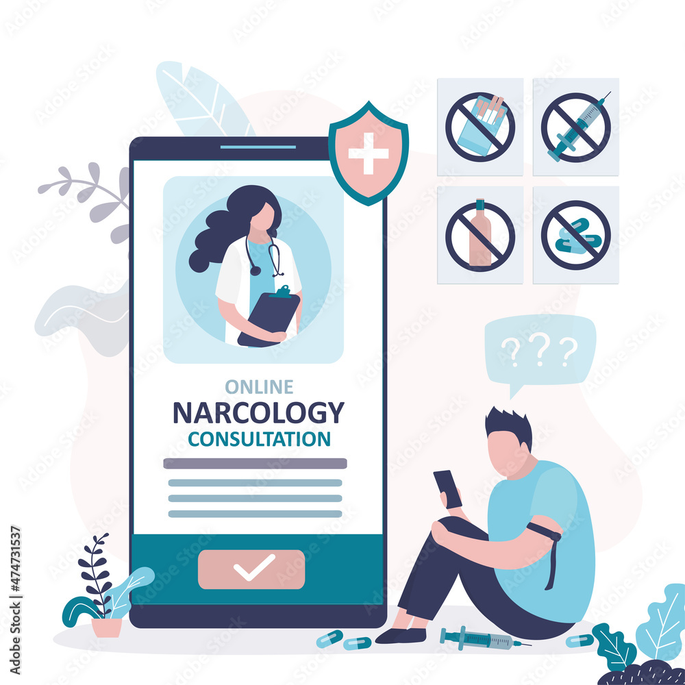 Man suffering from drug addiction asks for help at drug treatment center. App for signing up for online consultation with narcologist Man suffering from drug addiction asks for help at drug treatment center. App for signing up for online consultation with narcologist