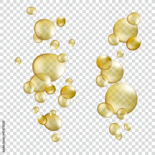 Gold oil bubbles. Realistic cosmetic pill keratin capsules collagen serum, 3d oily bubble castor, yellow essence jojoba, vitamin care skin and hair, transparent tidy vector