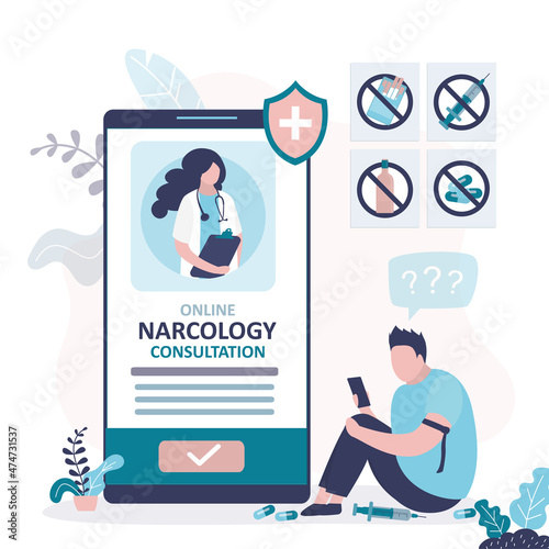 Man suffering from drug addiction asks for help at drug treatment center. App for signing up for online consultation with narcologist