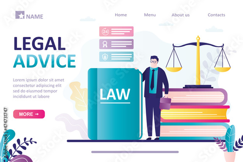 Legal advice, landing page template. Legal assistance in court. Professional attorney consultation. Male lawyer, lawbooks and scales. Law and justice, web banner.
