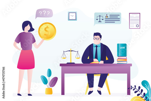 Legal advice. Male lawyer provides legal services. Lawyer helps people in court. Woman client with payment. Concept of law, justice and authority.