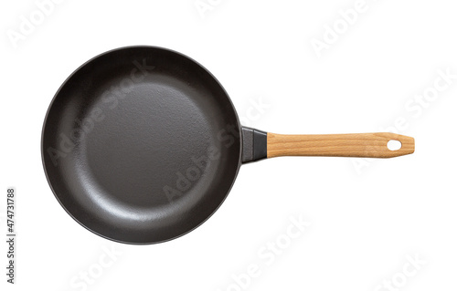 Fotótapéta Cast iron frying pan with beech wood handle isolated on white, including clippin