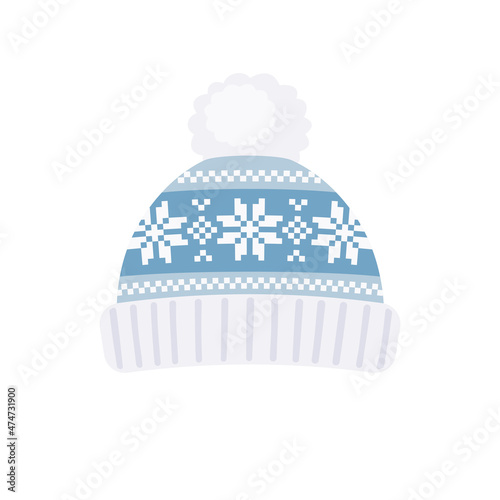 Knitted winter hat with pompon flat design