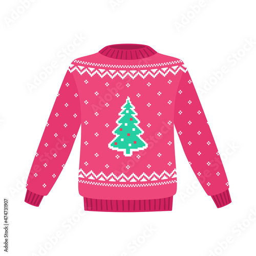 Red knitted sweater with Christmas tree and snowflakes