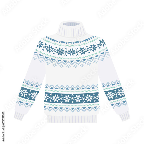 Knitted winter sweater with nordic snowflakes ornament