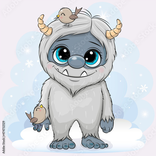 Yeti with two birds on the snow background