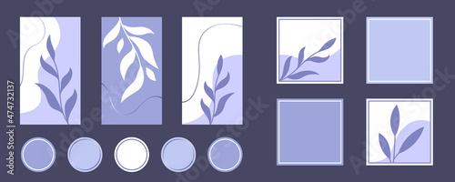 Social media stories, posts, highlights templates set for bloggers. Vector backgrounds in trendy very peri violet colors with abstract purple leaves. Color of the year 2022.