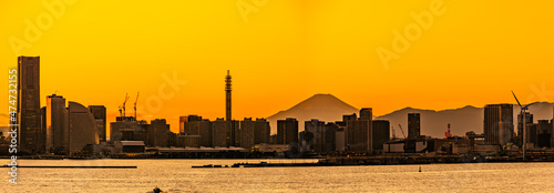 みなとみらいの夕焼けのパノラマ、横浜高の全景