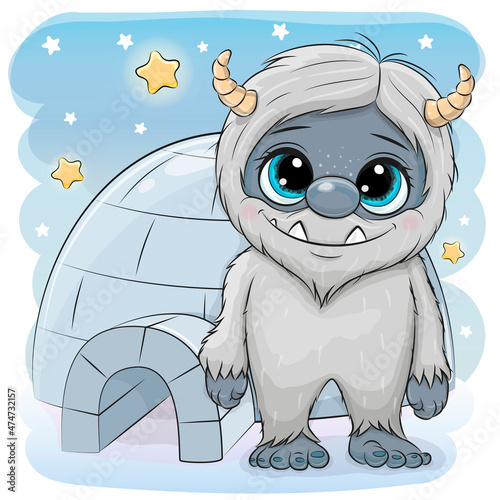 Cartoon Yeti stands near the igloo